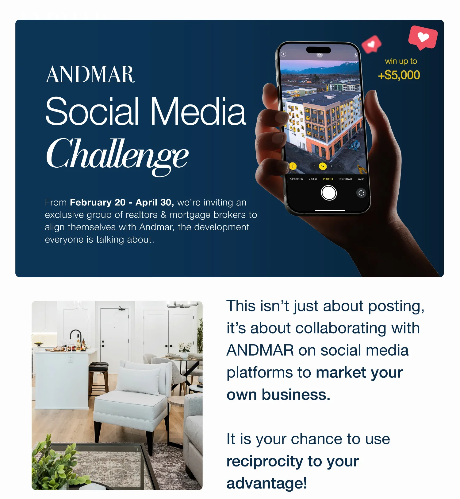 Andmar Social Media Challenge From February 20 - April 30, we’re inviting an exclusive group of realtors & mortgage brokers to align themselves with Andmar, the development everyone is talking about.